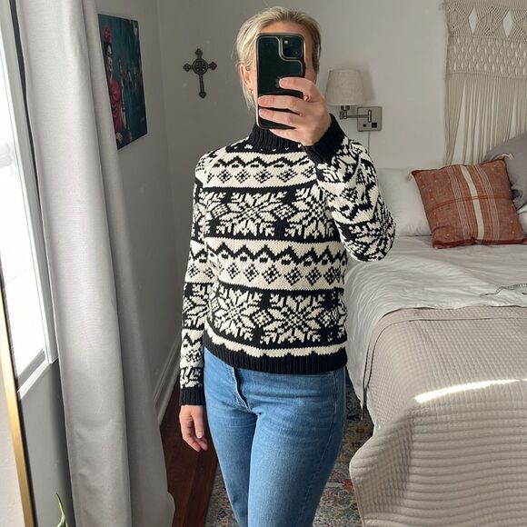 Ann Taylor Sweater Womens Small Black White Fair Isle Mock Neck - Picture 3 of 7